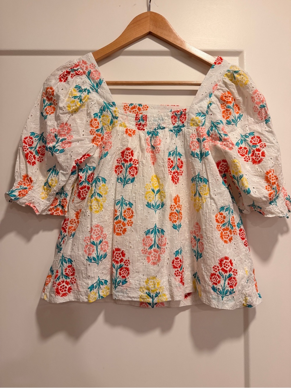 Eyelet Puff Sleeve Floral Square Neck Top - White with Multi Floral - Picture 6 of 7